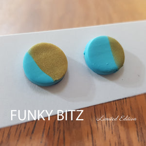 Funky Bitz | Polymer Clay Earrings | Half Teal Half Gold Shimmer Circle Studs Close Up 1