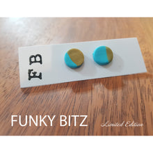 Load image into Gallery viewer, Funky Bitz | Polymer Clay Earrings | Half Teal Half Gold Shimmer Circle Studs