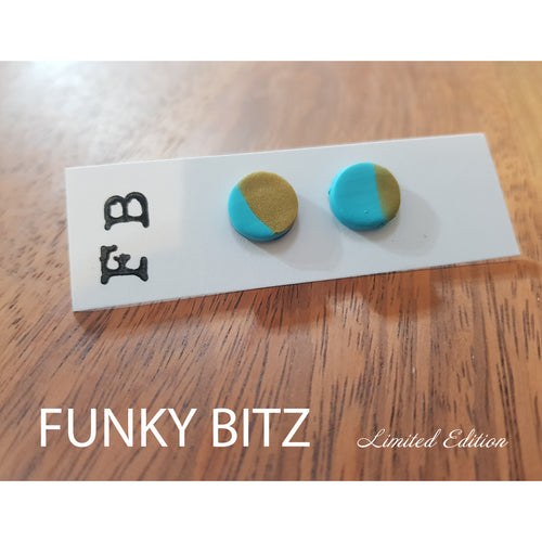Funky Bitz | Polymer Clay Earrings | Half Teal Half Gold Shimmer Circle Studs