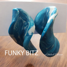 Load image into Gallery viewer, Funky Bitz | Polymer Clay Earrings | Shimmer teal blue and pearl white twist drop earrings close up 2