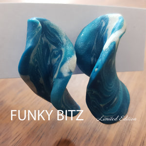 Funky Bitz | Polymer Clay Earrings | Shimmer teal blue and pearl white twist drop earrings close up 2