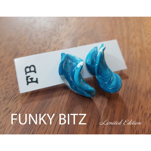 Funky Bitz | Polymer Clay Earrings | Shimmer teal blue and pearl white twist drop earrings